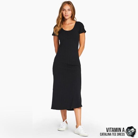 VITAMIN A CATALINA TEE LONG DRESS IN BLACK ORGANIC COTTON STRETCHY RIB KNIT MIDI - Picture 2 of 15